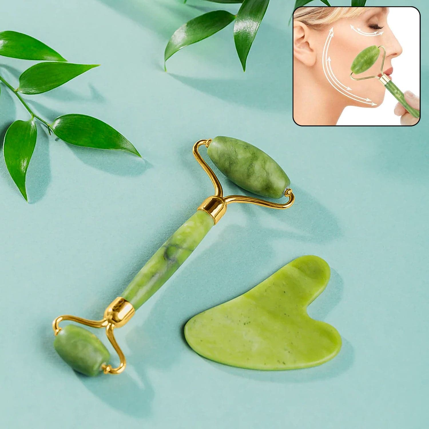 Jade Roller & Gua Sha Set Of Natural Face Massager For Anti-Aging thumbnail 1