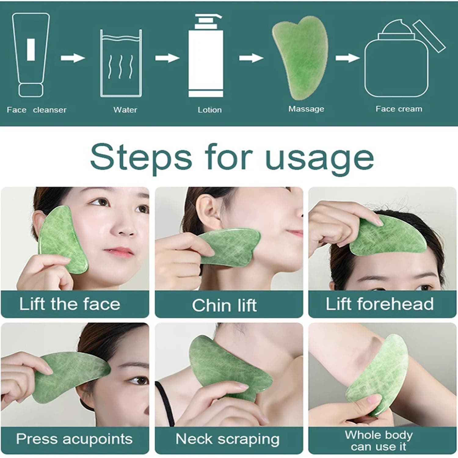 Jade Roller & Gua Sha Set Of Natural Face Massager For Anti-Aging thumbnail 8
