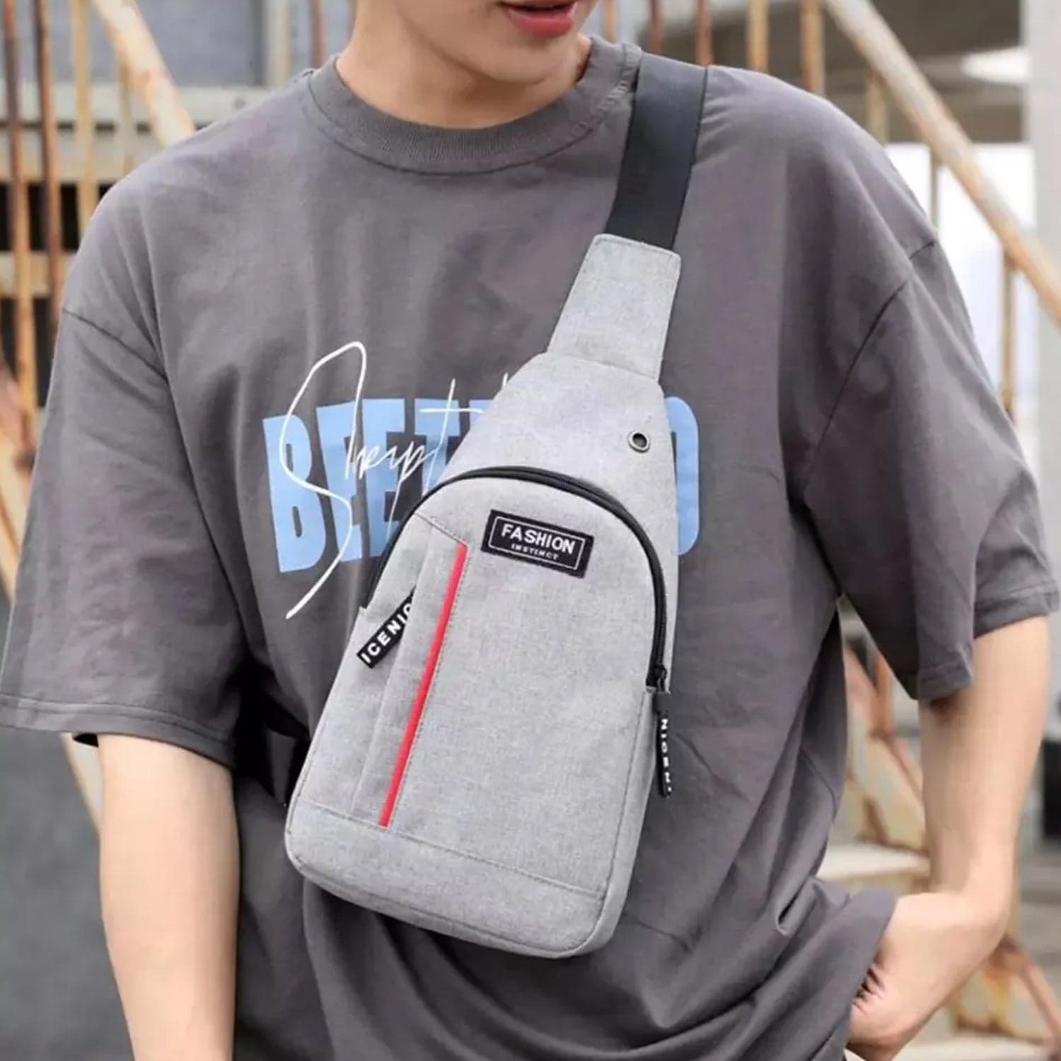 Waterproof Anti-Theft Crossbody Fanny Pack with USB Charging & Earphone Hook (Grey/Blue) thumbnail 1