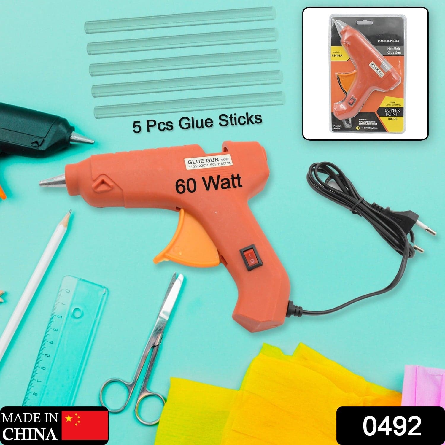 Professional 60 Watt Hot Melt Glue Gun with 5 Glue Sticks & On/Off Switch thumbnail 2