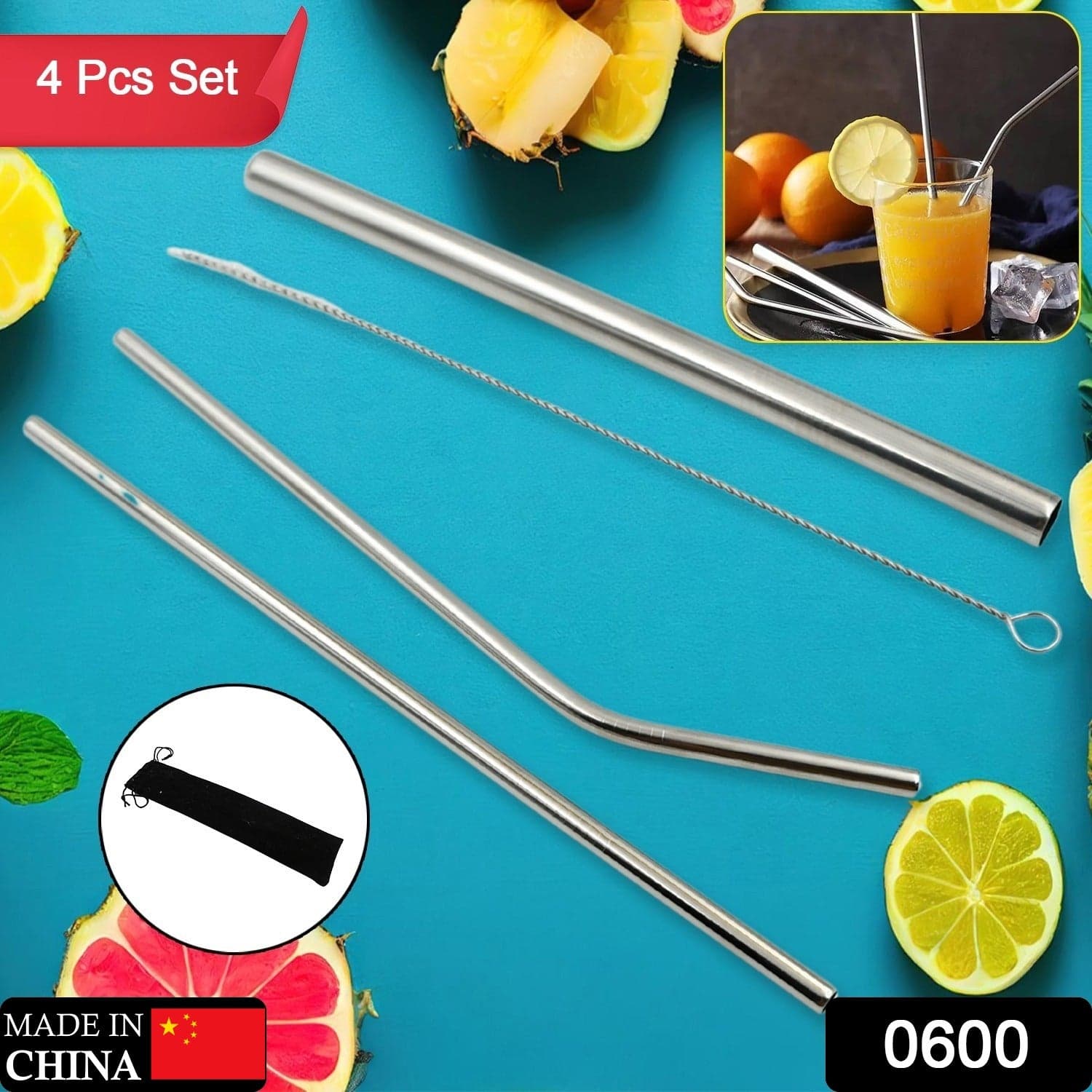 Reusable Stainless Steel Straws with Case for Drinking (4 Pc, Eco-Friendly) thumbnail 2