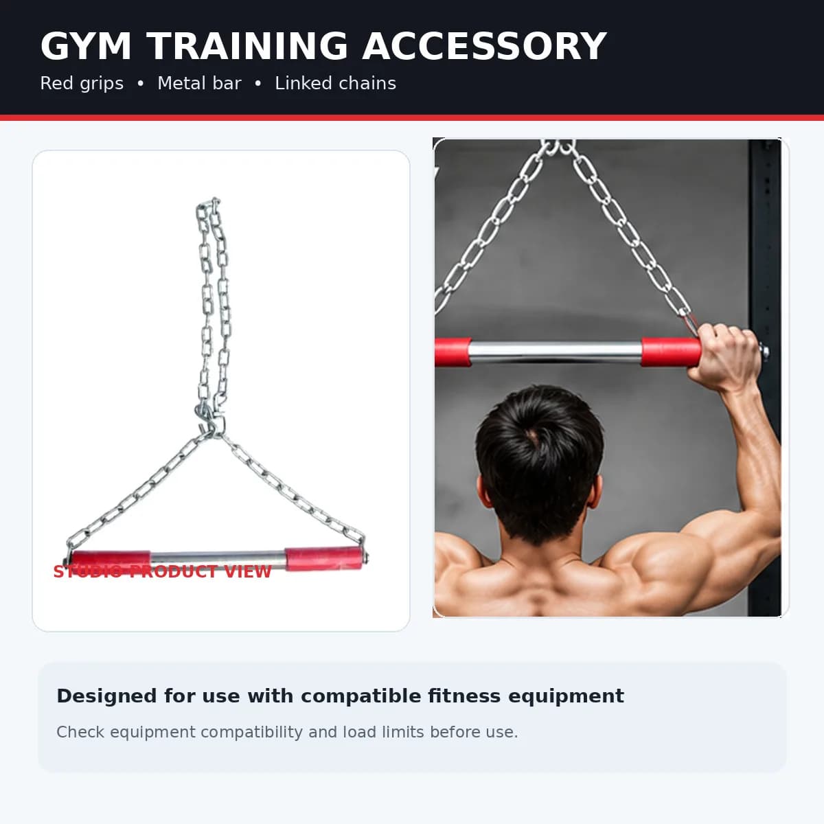 Red and Black Metal Chain-Suspended Pull-Up Bar with Padded Hand Grips thumbnail 6
