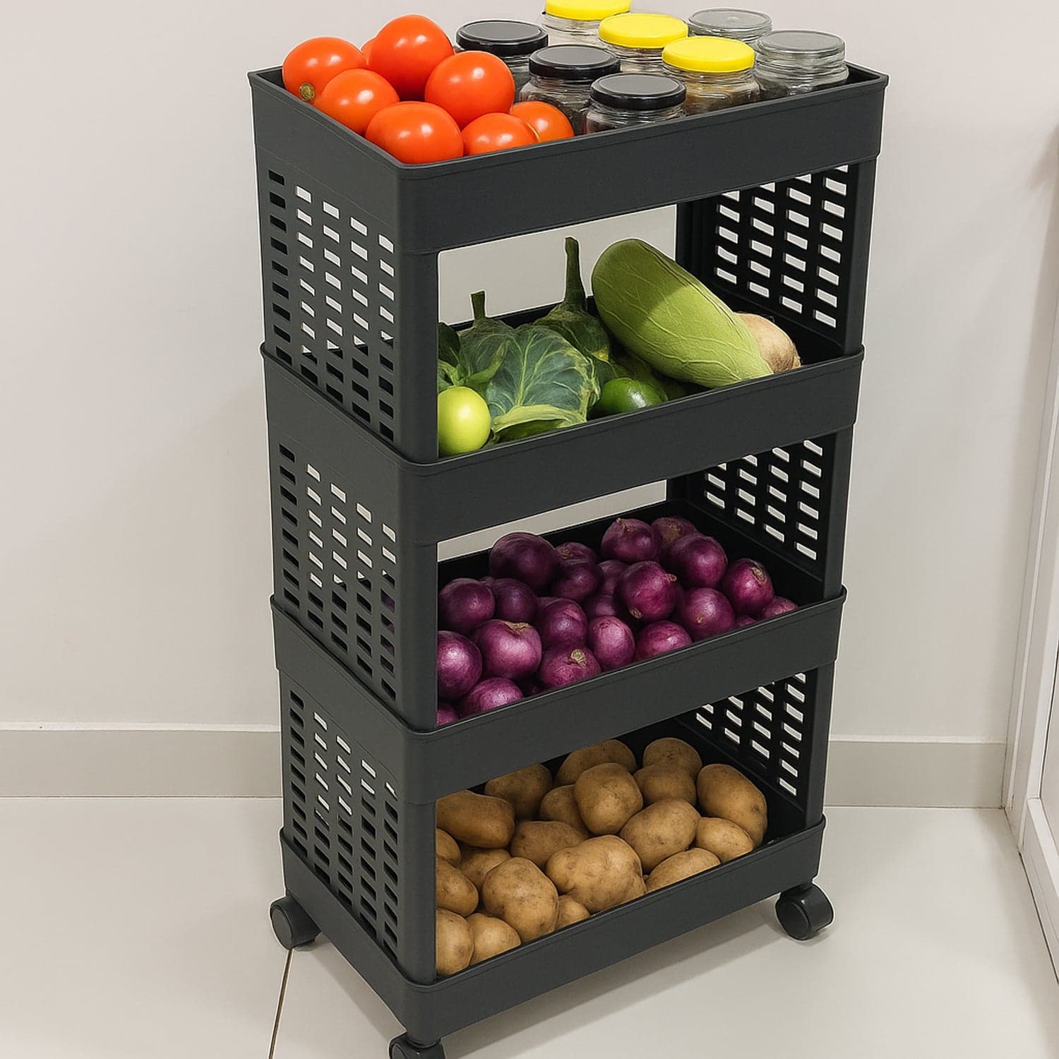 4-Layer Plastic Storage Rack with Wheels thumbnail 3