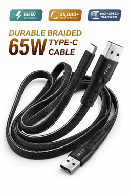 TAXO Prime Flat Series USB Type-C Data Cable | 65W Fast Charging & High-Speed Data Sync