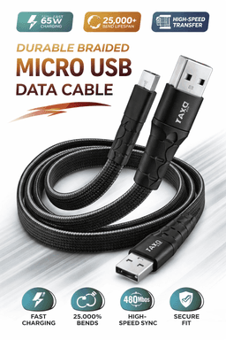 TAXO Prime Flat Series Micro USB I Data Cable | 65W Fast Charging & High-Speed Data Sync