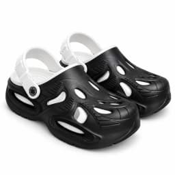 Men’s Black Closed-Toe Clogs with White Pivoting Heel Strap and Cut-Out Upper