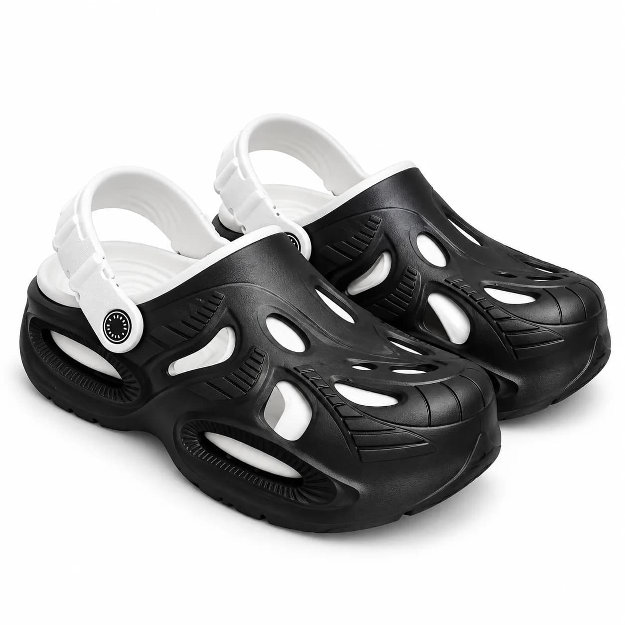 Men’s Black Closed-Toe Clogs with White Pivoting Heel Strap and Cut-Out Upper