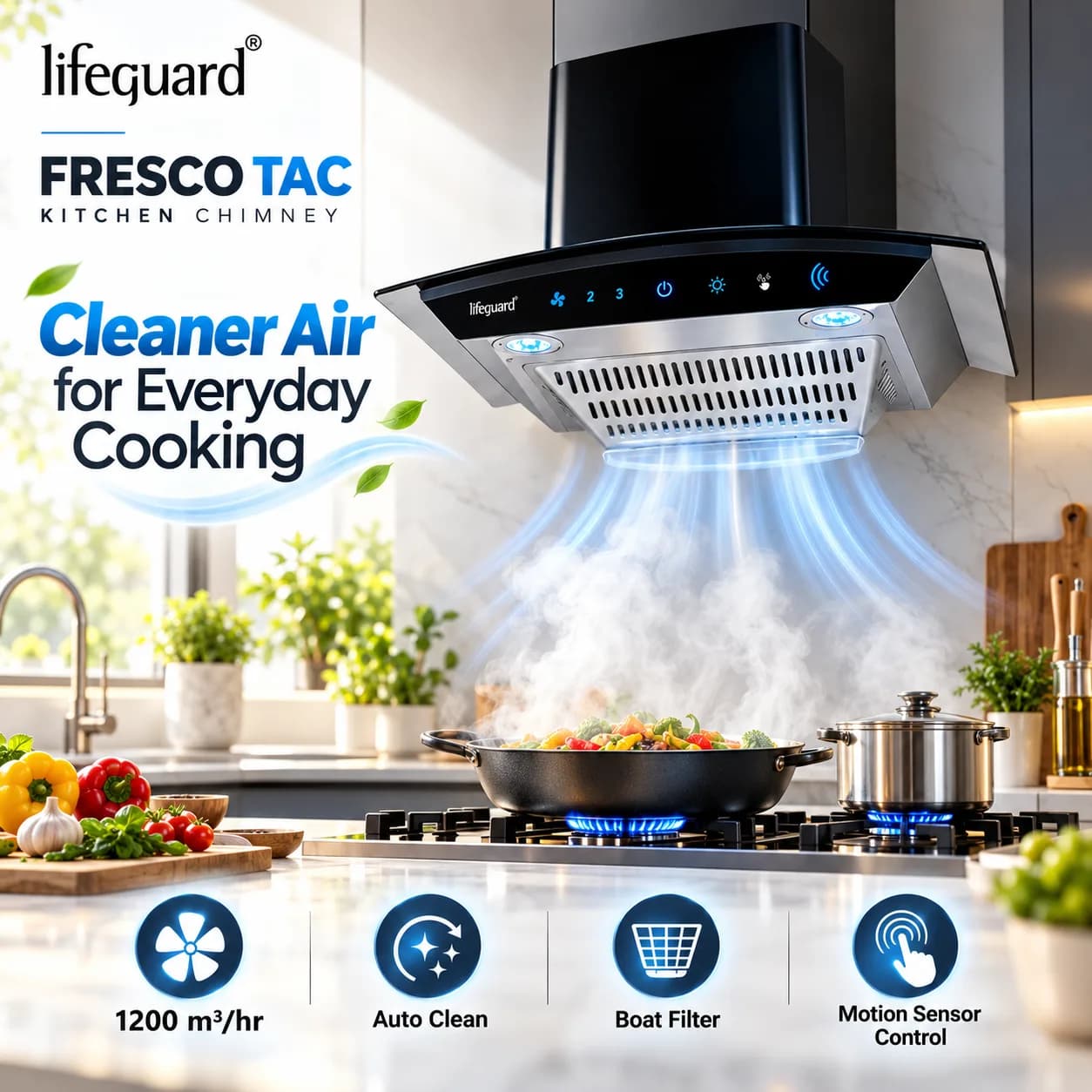 Lifeguard FRESCO TAC Kitchen Chimney – Powerful Suction with Smart Auto-Clean Technology