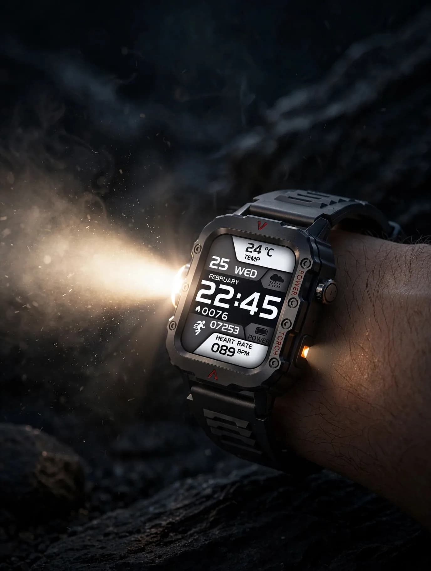 Black Rugged Smartwatch with 1.4-Inch Display, Side LED Torch and Perforated Strap thumbnail 2