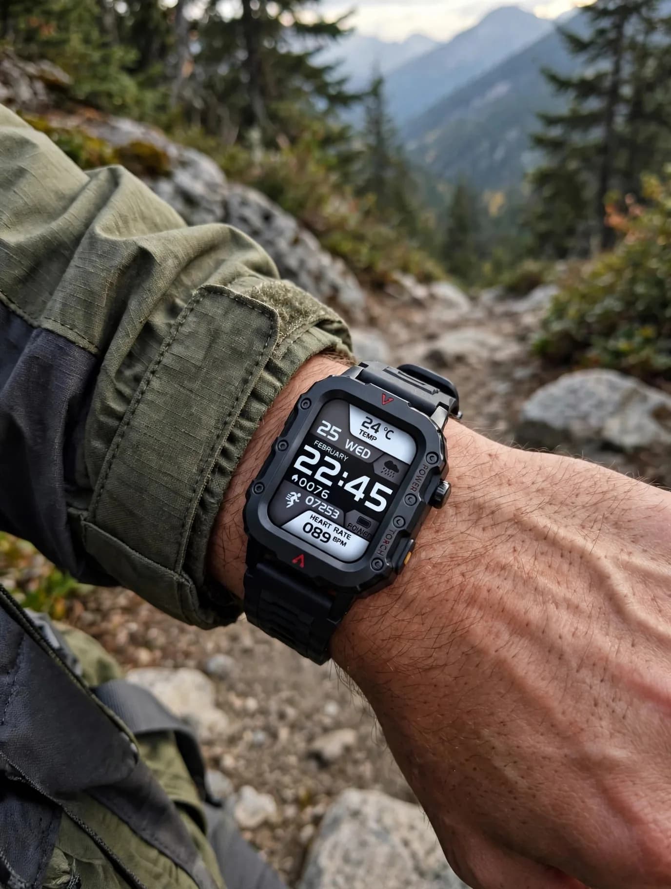 Black Rugged Smartwatch with 1.4-Inch Display, Side LED Torch and Perforated Strap thumbnail 3
