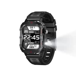 Black Rugged Smartwatch with 1.4-Inch Display, Side LED Torch and Perforated Strap