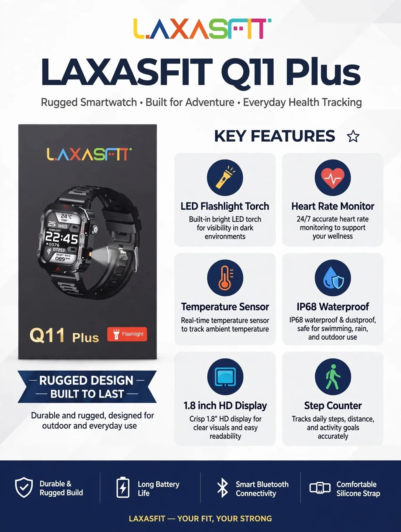 Black Rugged Smartwatch with 1.4-Inch Display, Side LED Torch and Perforated Strap thumbnail 4