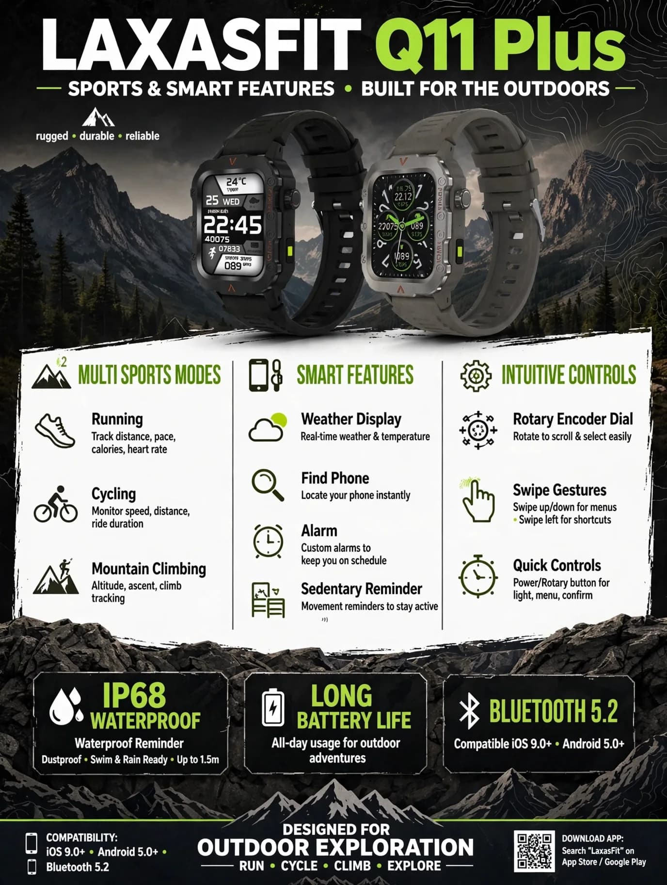 Black Rugged Smartwatch with 1.4-Inch Display, Side LED Torch and Perforated Strap thumbnail 5