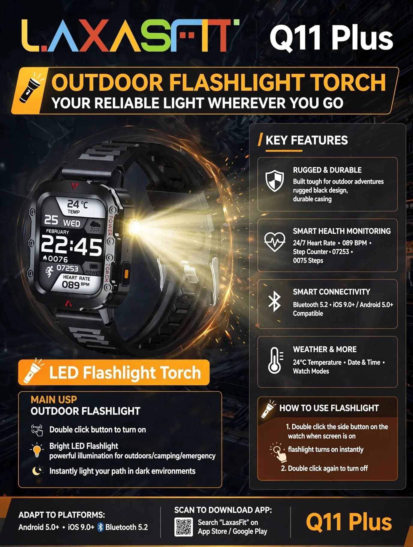 Black Rugged Smartwatch with 1.4-Inch Display, Side LED Torch and Perforated Strap thumbnail 8