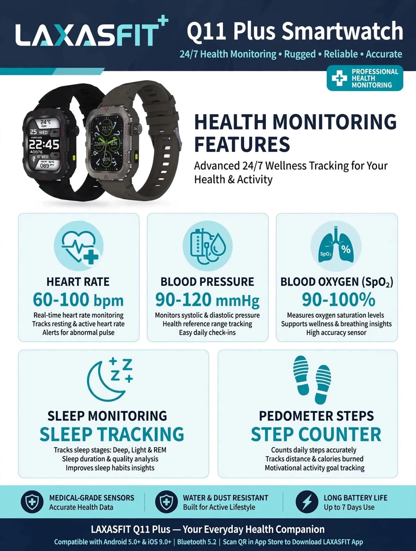 Black Rugged Smartwatch with 1.4-Inch Display, Side LED Torch and Perforated Strap thumbnail 6
