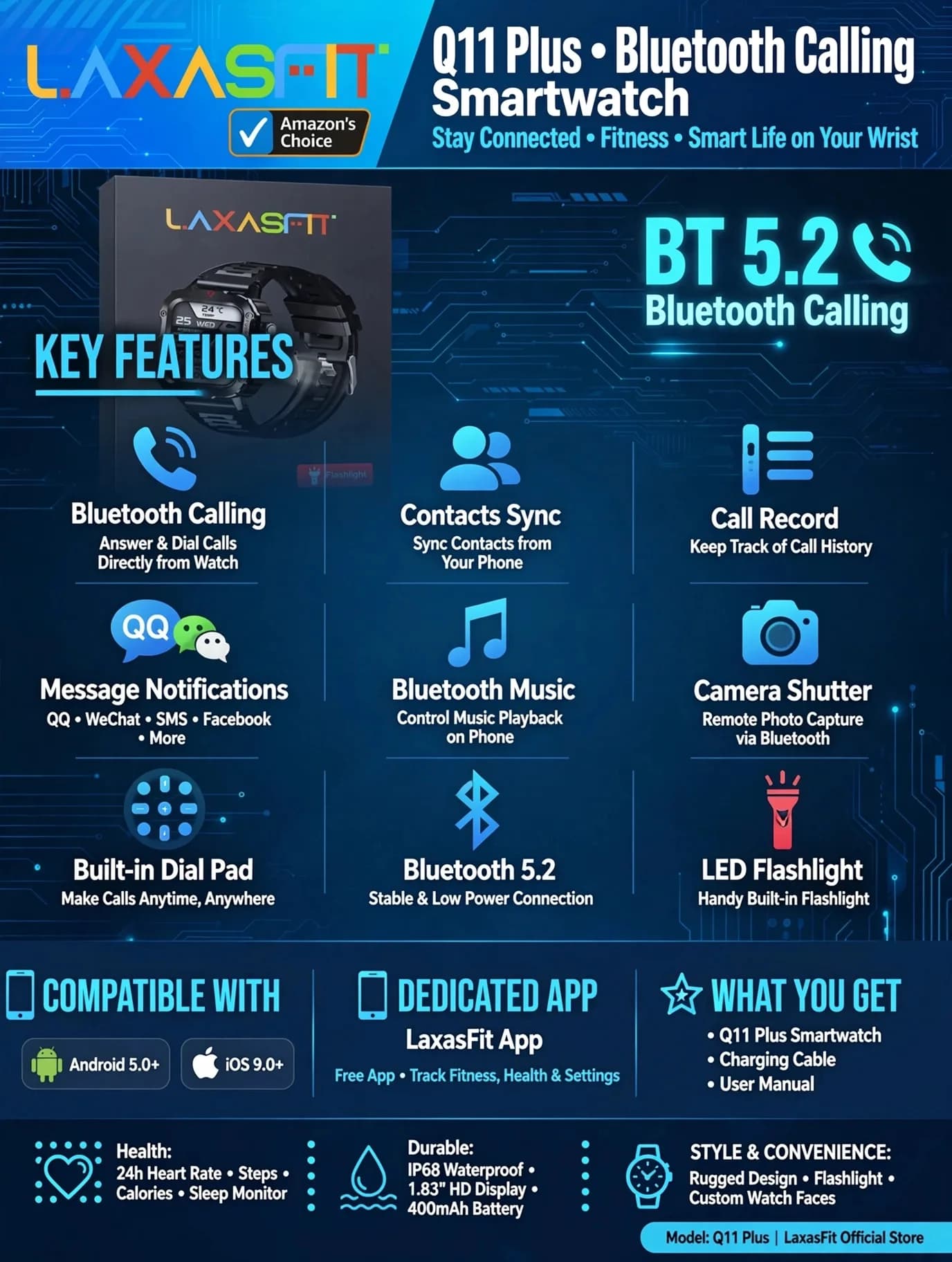 Black Rugged Smartwatch with 1.4-Inch Display, Side LED Torch and Perforated Strap thumbnail 7