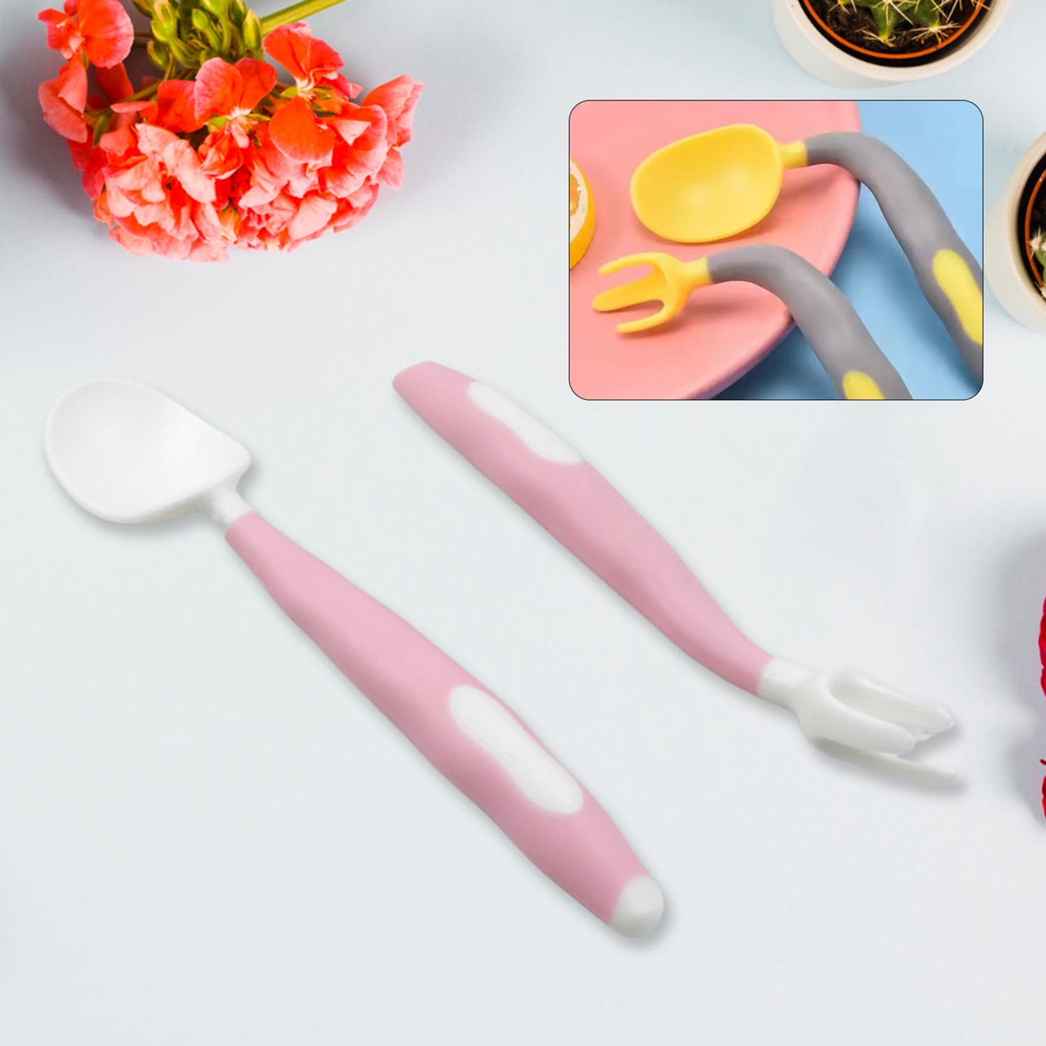 Silicone Bendable Kids Spoon & Fork Set of Toddler Self-Feeding Utensils (2 Pc Set) thumbnail 1