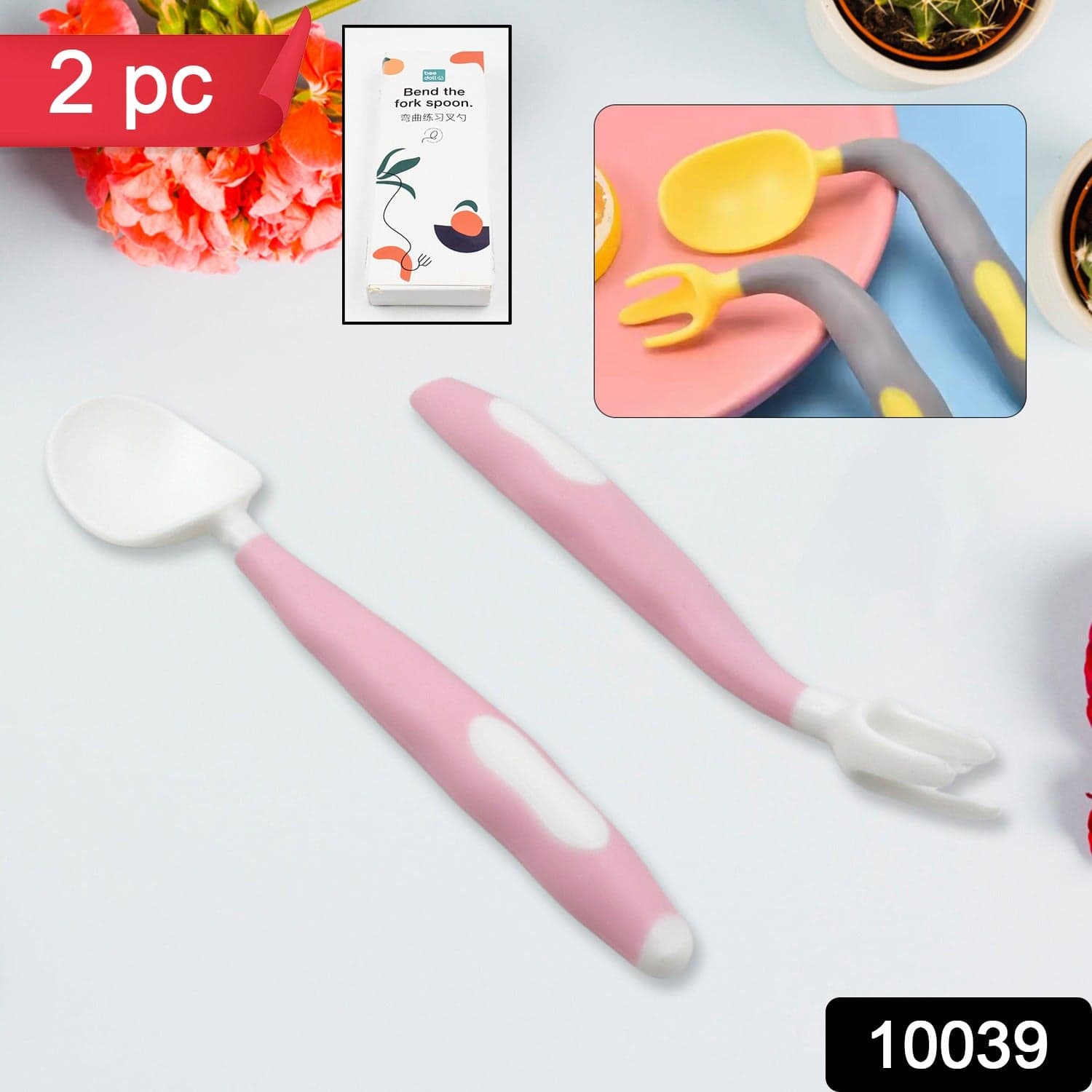 Silicone Bendable Kids Spoon & Fork Set of Toddler Self-Feeding Utensils (2 Pc Set) thumbnail 2