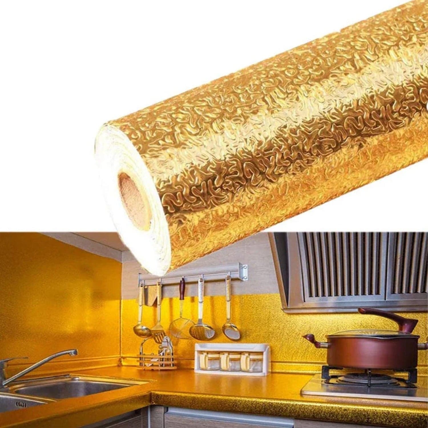 Oil Proof Sticker, Waterproof Self Adhesive Aluminum Foil Wallpaper (60 Cm—200 Cm / Golden / 1 Pc) thumbnail 6