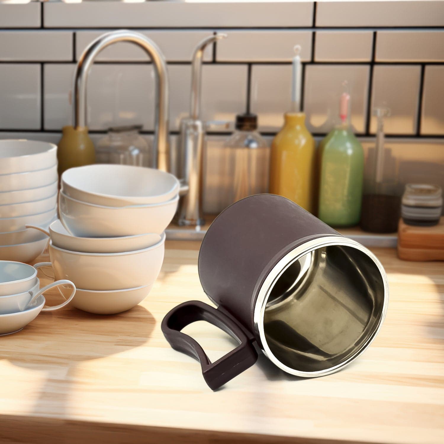 Coffee Mug With Lid And Handle-Plastic Covered Stainless Steel Mug (Random Color thumbnail 3