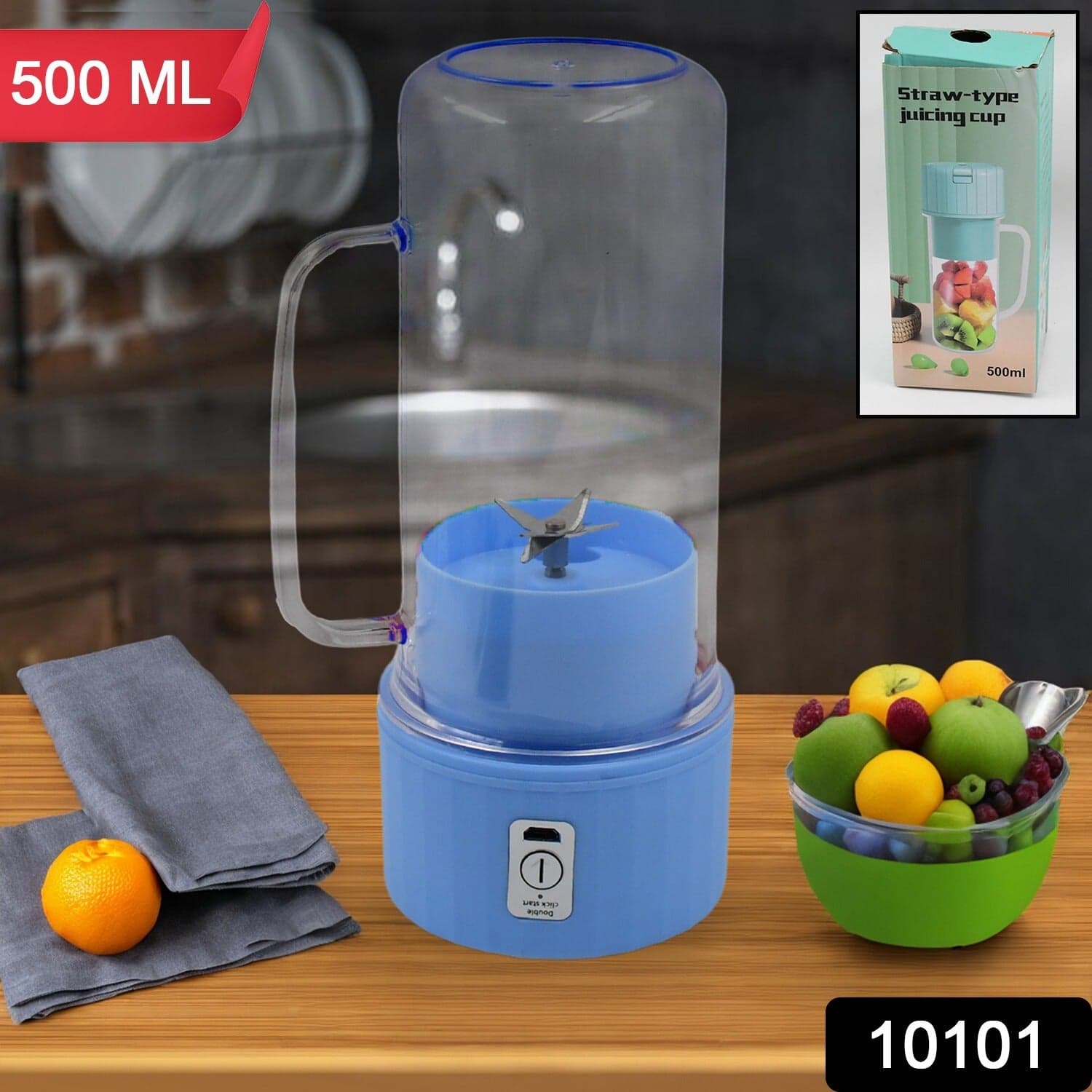 Portable Electric Juicer With Handle & Straw, Usb Rechargeable 6 Stainless Steel Blades (500 Ml) thumbnail 2