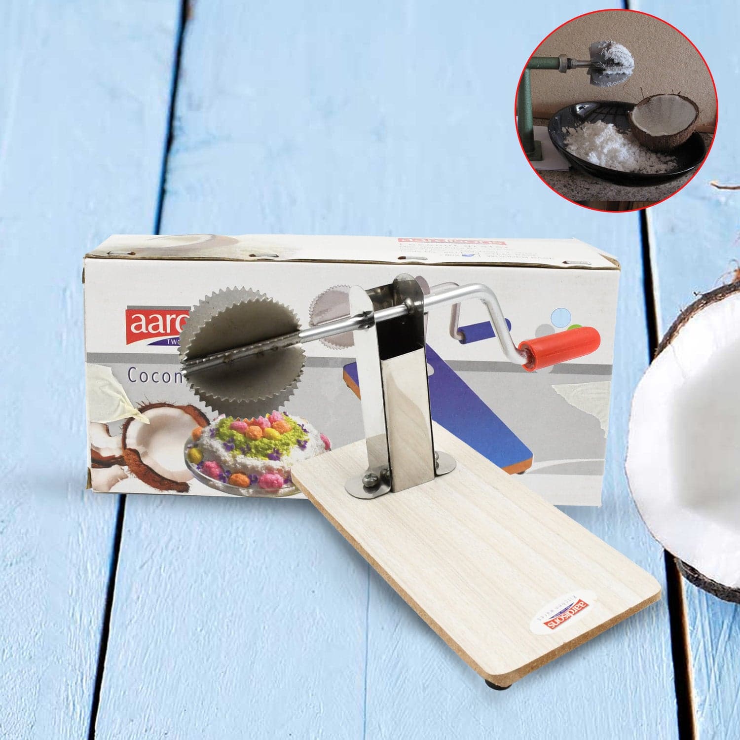 Stainless Steel Coconut Scraper with Wooden Base (1 Pc) thumbnail 3
