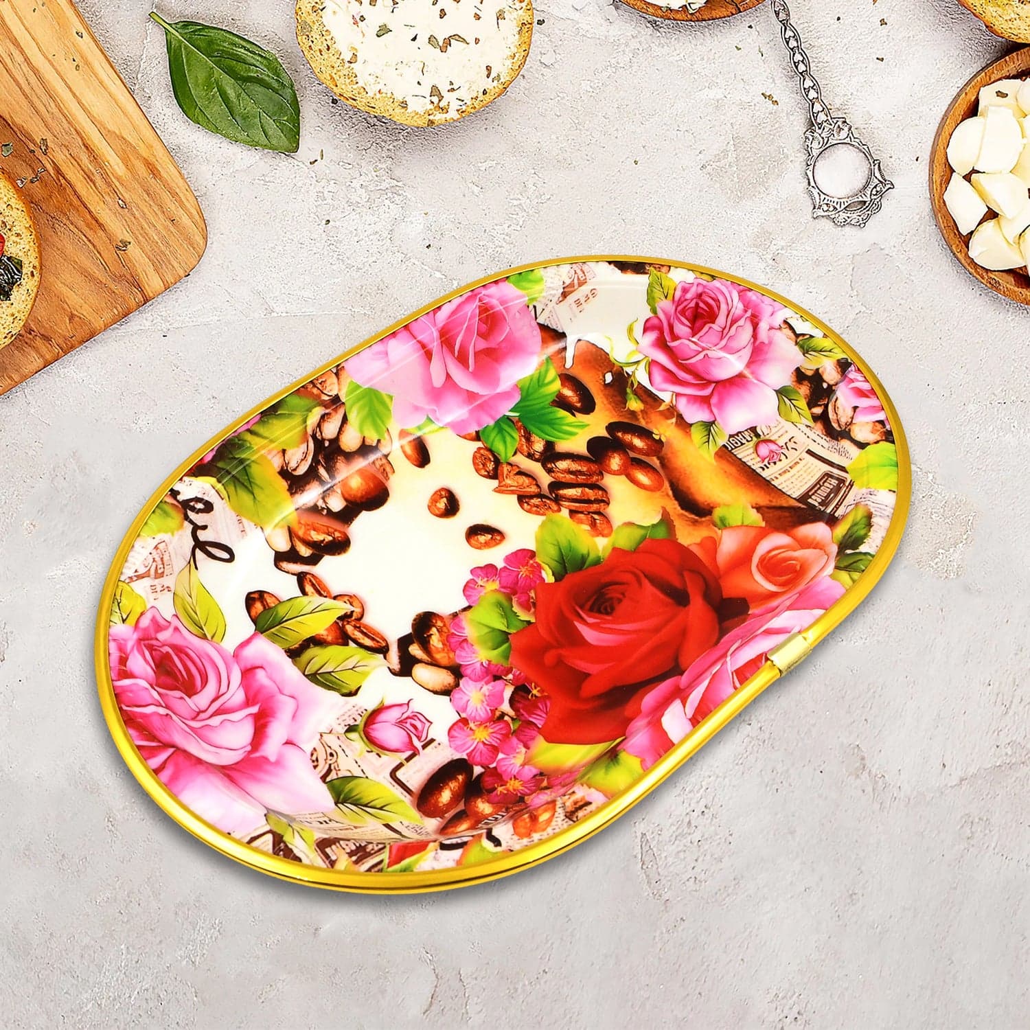 Small Plastic Flower Printed Design Serving Tray (1 Pc / 27 x 18 CM / Mix Color) thumbnail 1