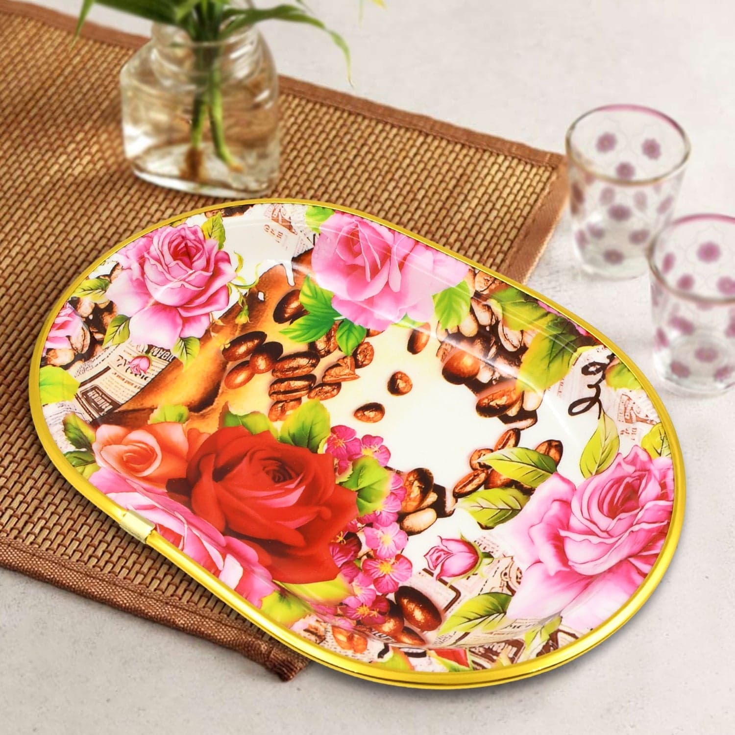 Plastic Flower Printed Design Serving Tray (3 Pcs Set / Mix Color) thumbnail 1