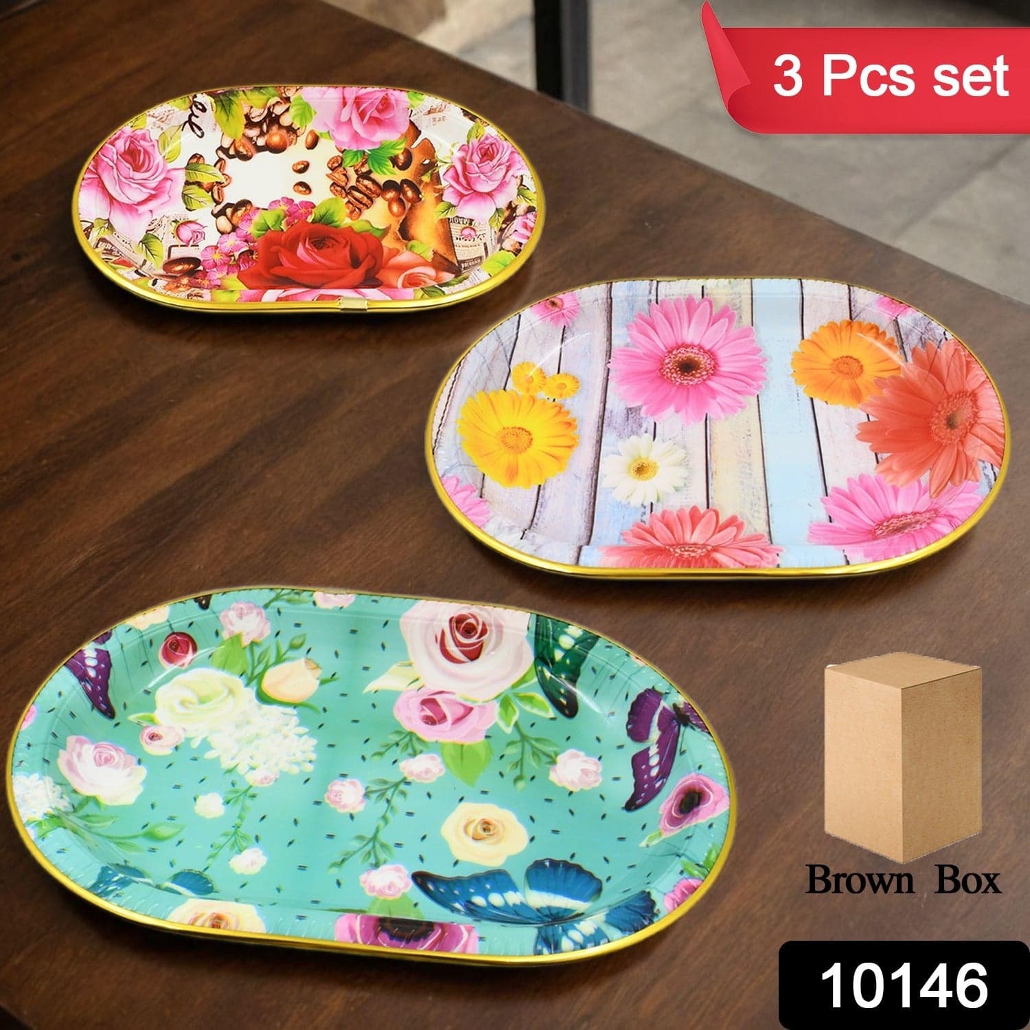 Plastic Flower Printed Design Serving Tray (3 Pcs Set / Mix Color) thumbnail 2