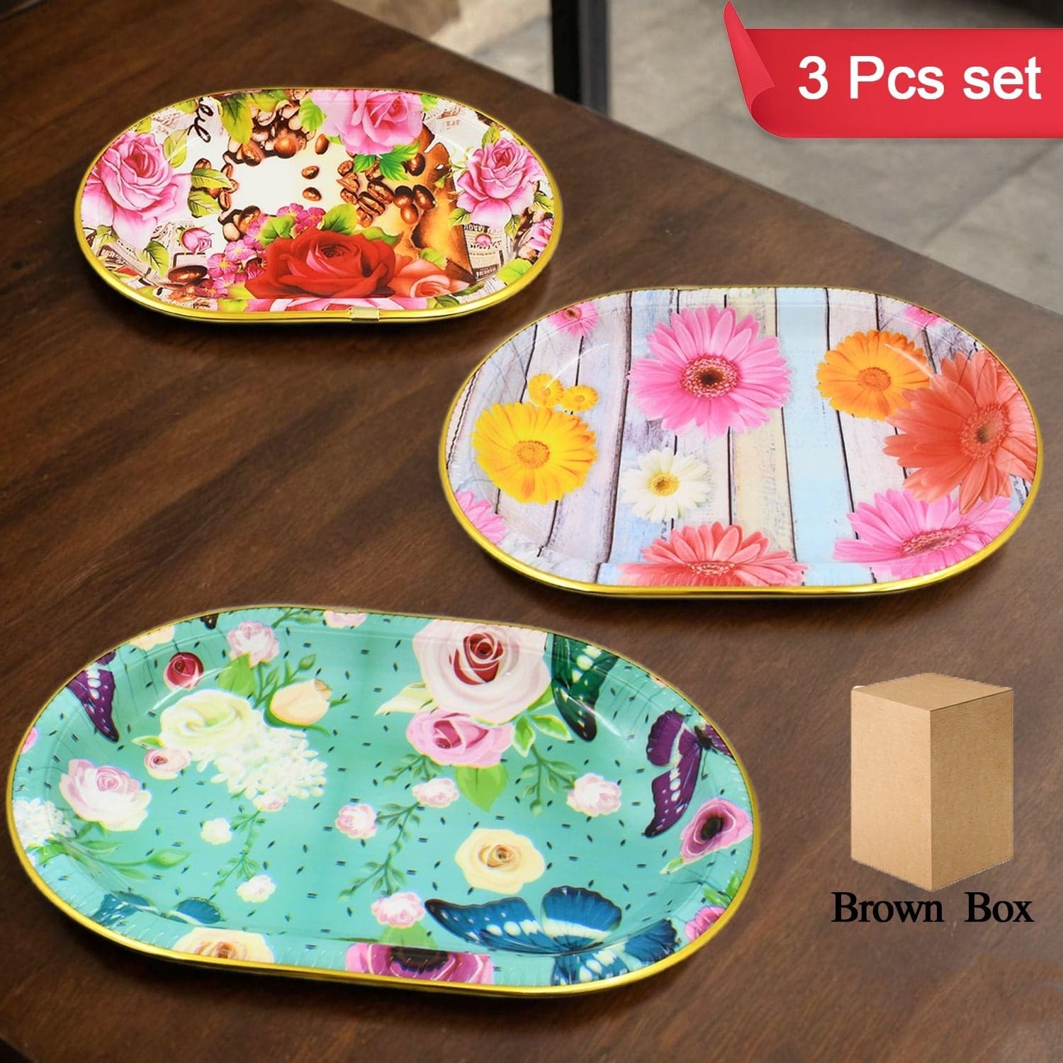 Plastic Flower Printed Design Serving Tray (3 Pcs Set / Mix Color) thumbnail 3