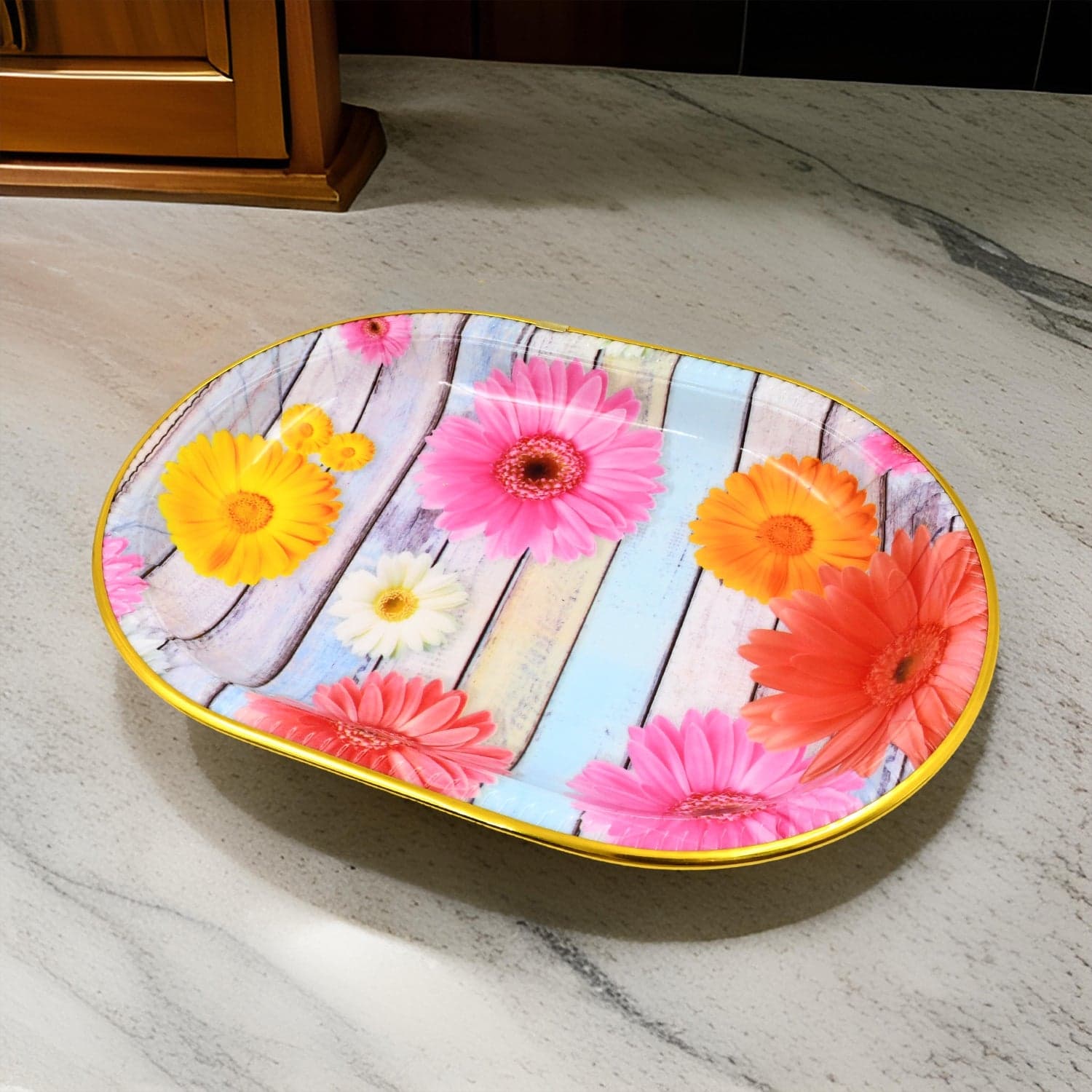 Plastic Flower Printed Design Serving Tray (3 Pcs Set / Mix Color) thumbnail 4