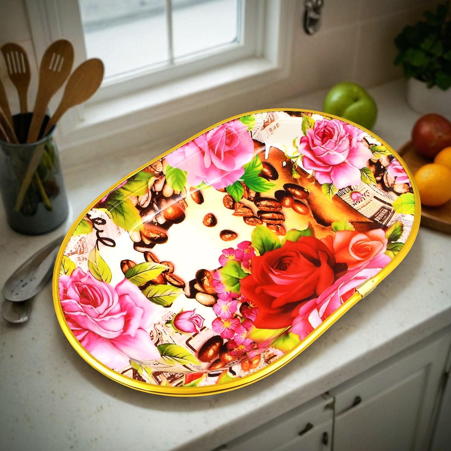Plastic Flower Printed Design Serving Tray (3 Pcs Set / Mix Color) thumbnail 5