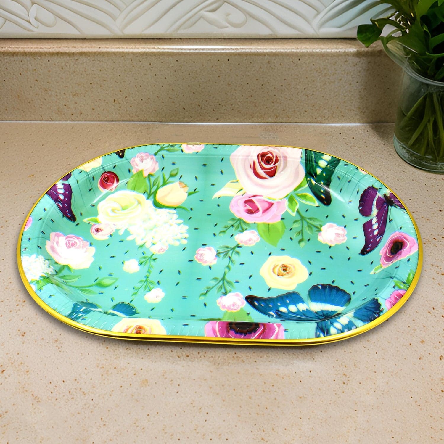 Plastic Flower Printed Design Serving Tray (3 Pcs Set / Mix Color) thumbnail 6