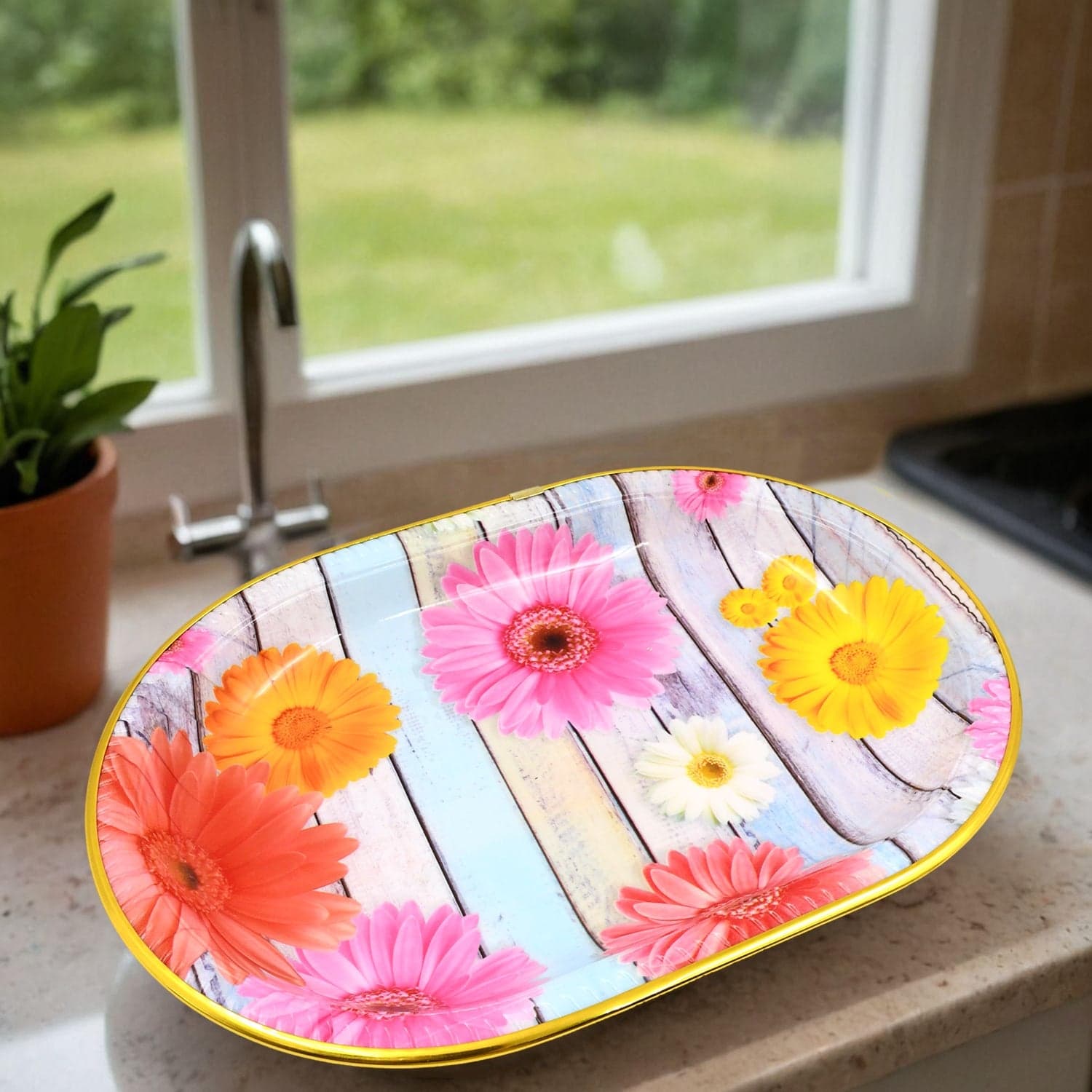 Plastic Flower Printed Design Serving Tray (3 Pcs Set / Mix Color) thumbnail 8