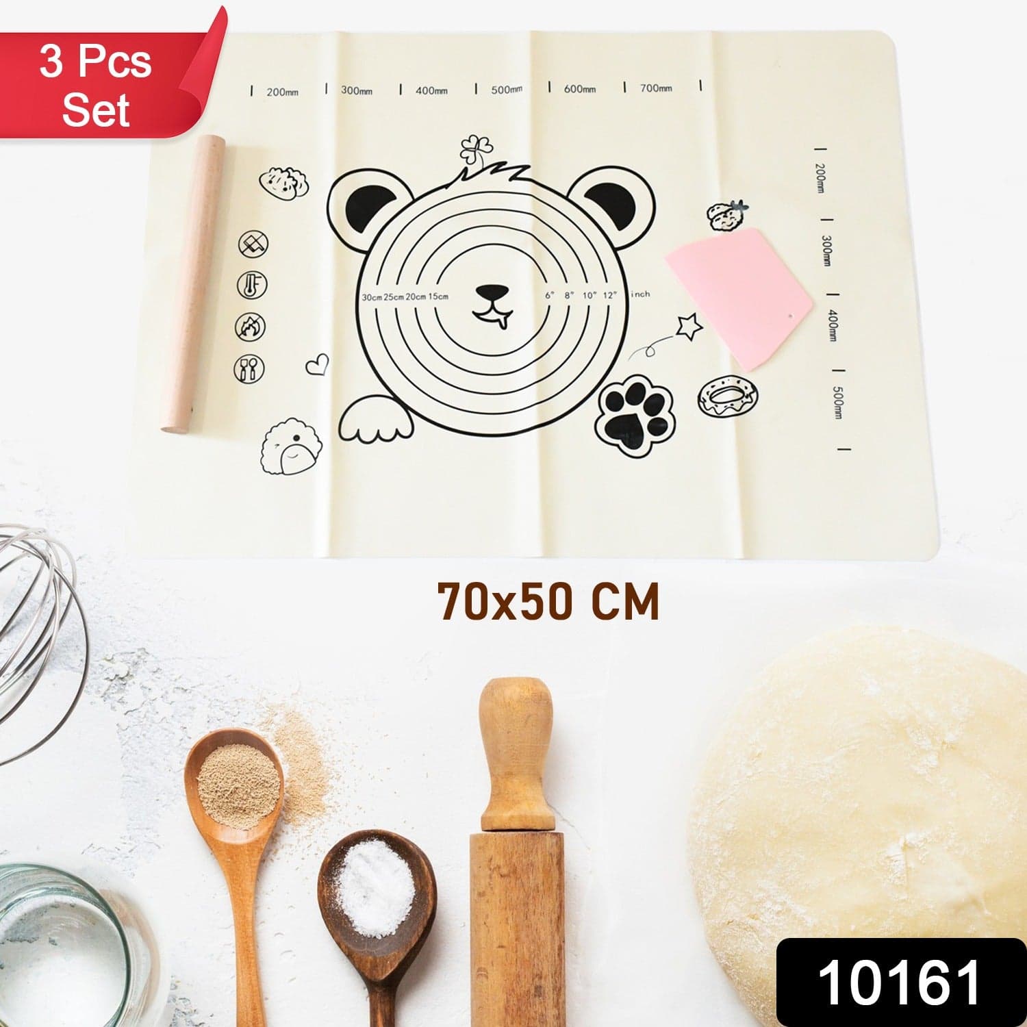 3 In 1 Low Silicone Baking Mat With Wooden Belan & Cake Scraper (3 Pcs Set / 70—50 CM) thumbnail 2