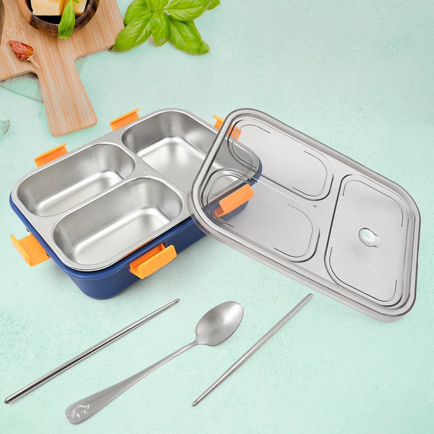 3 Compartment Transparent Stainless Steel Lunch Box with a Spoon and a Pair of Chopsticks (1 Set) thumbnail 1