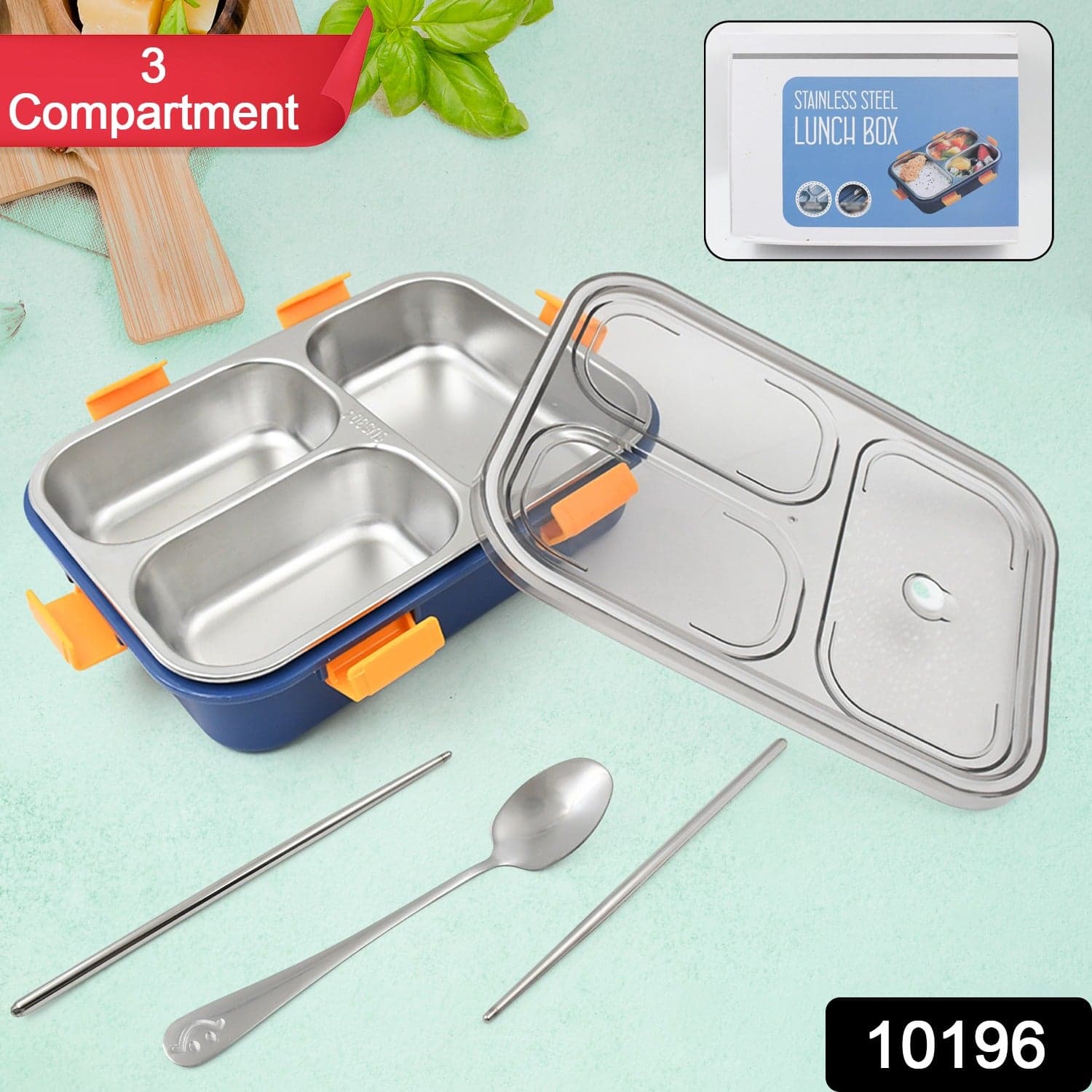 3 Compartment Transparent Stainless Steel Lunch Box with a Spoon and a Pair of Chopsticks (1 Set) thumbnail 2