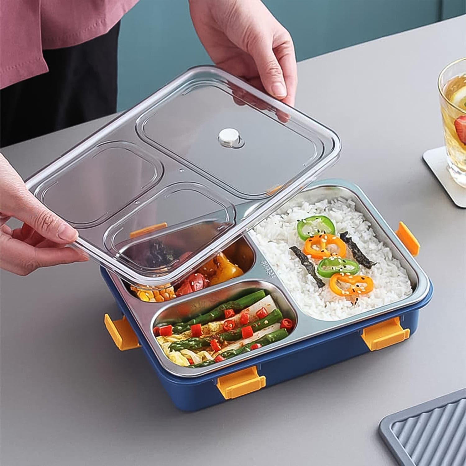3 Compartment Transparent Stainless Steel Lunch Box with a Spoon and a Pair of Chopsticks (1 Set) thumbnail 3