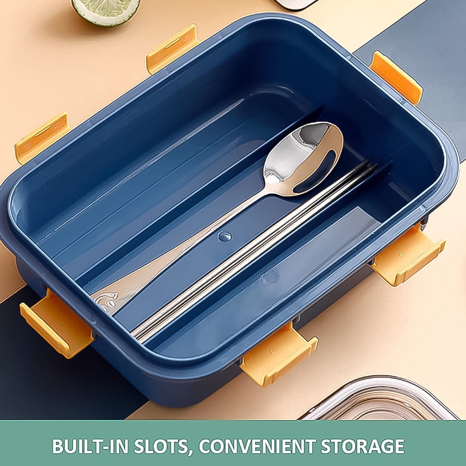 3 Compartment Transparent Stainless Steel Lunch Box with a Spoon and a Pair of Chopsticks (1 Set) thumbnail 4