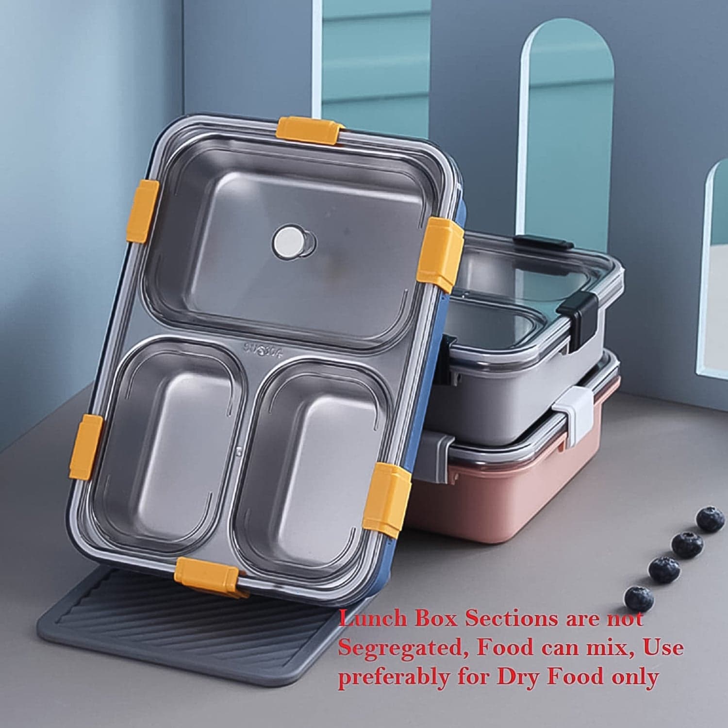 3 Compartment Transparent Stainless Steel Lunch Box with a Spoon and a Pair of Chopsticks (1 Set) thumbnail 5