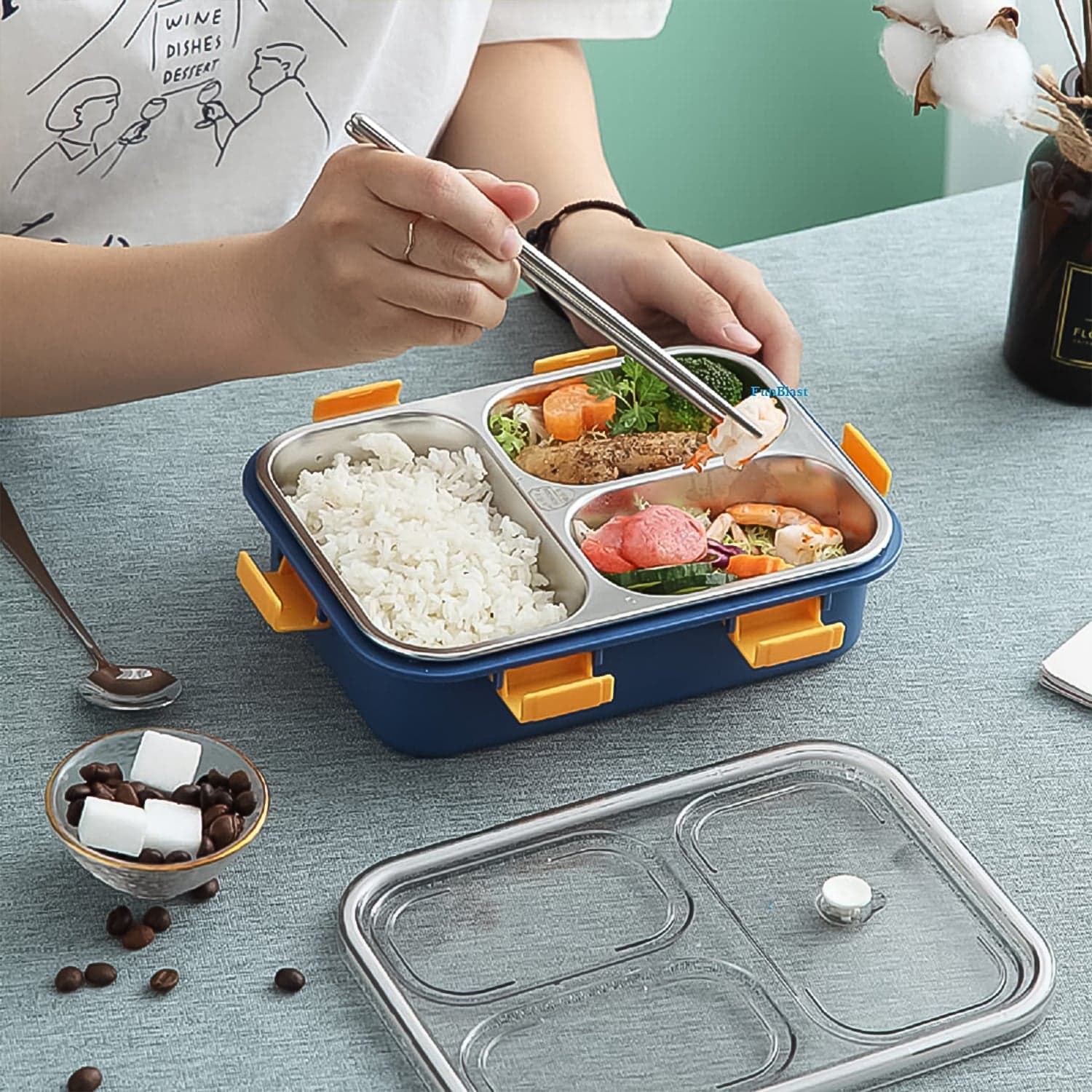 3 Compartment Transparent Stainless Steel Lunch Box with a Spoon and a Pair of Chopsticks (1 Set) thumbnail 6