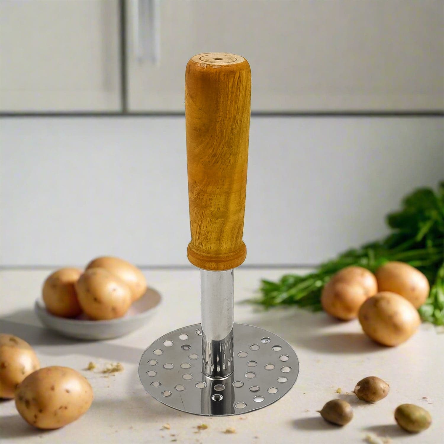 High Grade Stainless Steel Potato Masher Paubhaji / Pav Bhaji Masher with Wooden handle (1 Pc) thumbnail 1