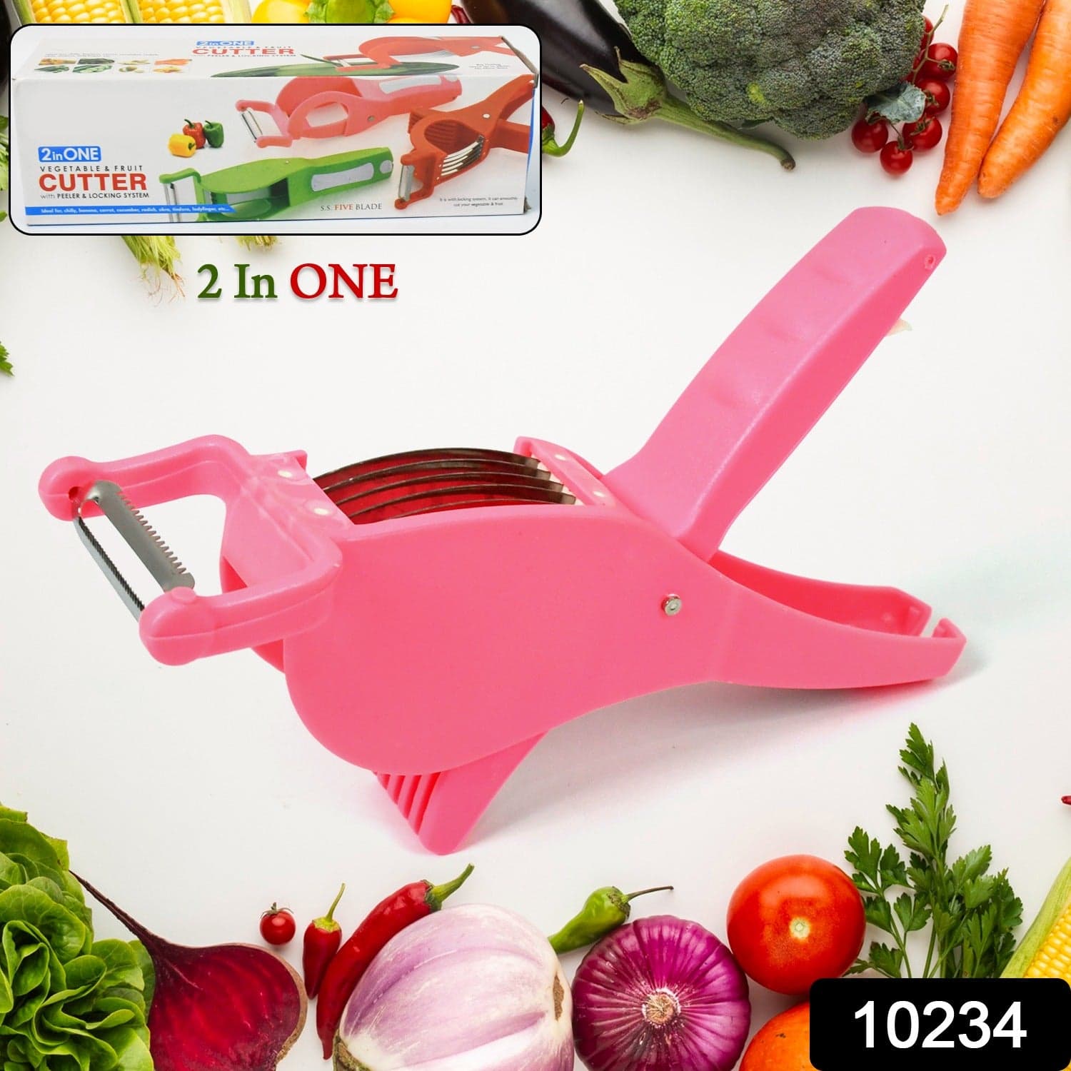 Plastic 2 in 1 Vegetable & Fruit Multi Cutter 5 Blade Vegetable Cutter with Peeler (1 Pc / Multicolor) thumbnail 2