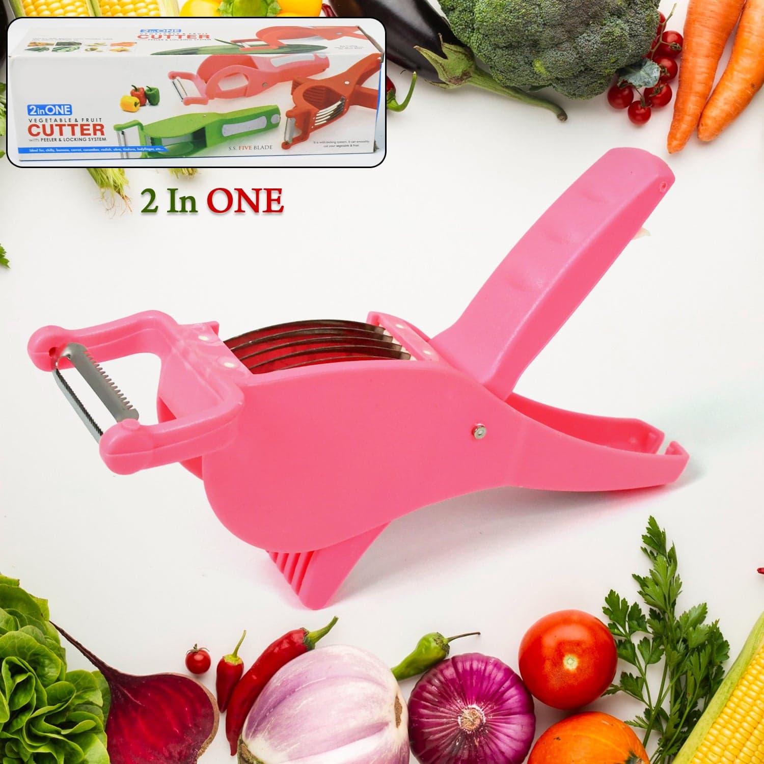 Plastic 2 in 1 Vegetable & Fruit Multi Cutter 5 Blade Vegetable Cutter with Peeler (1 Pc / Multicolor) thumbnail 3