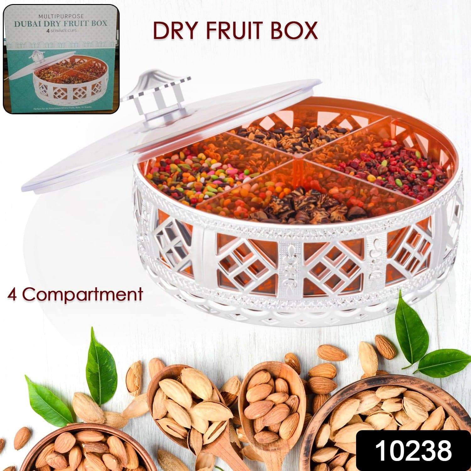 Multipurpose Dry Fruit Box 4 Section Dry Fruit Round Silver Gift Box (1 Pc) thumbnail 2