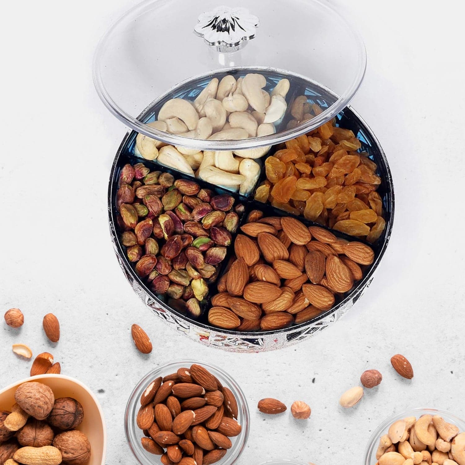Multipurpose Dry Fruit Box 4 Section Dry Fruit Round Silver Gift Box (1 Pc) thumbnail 3