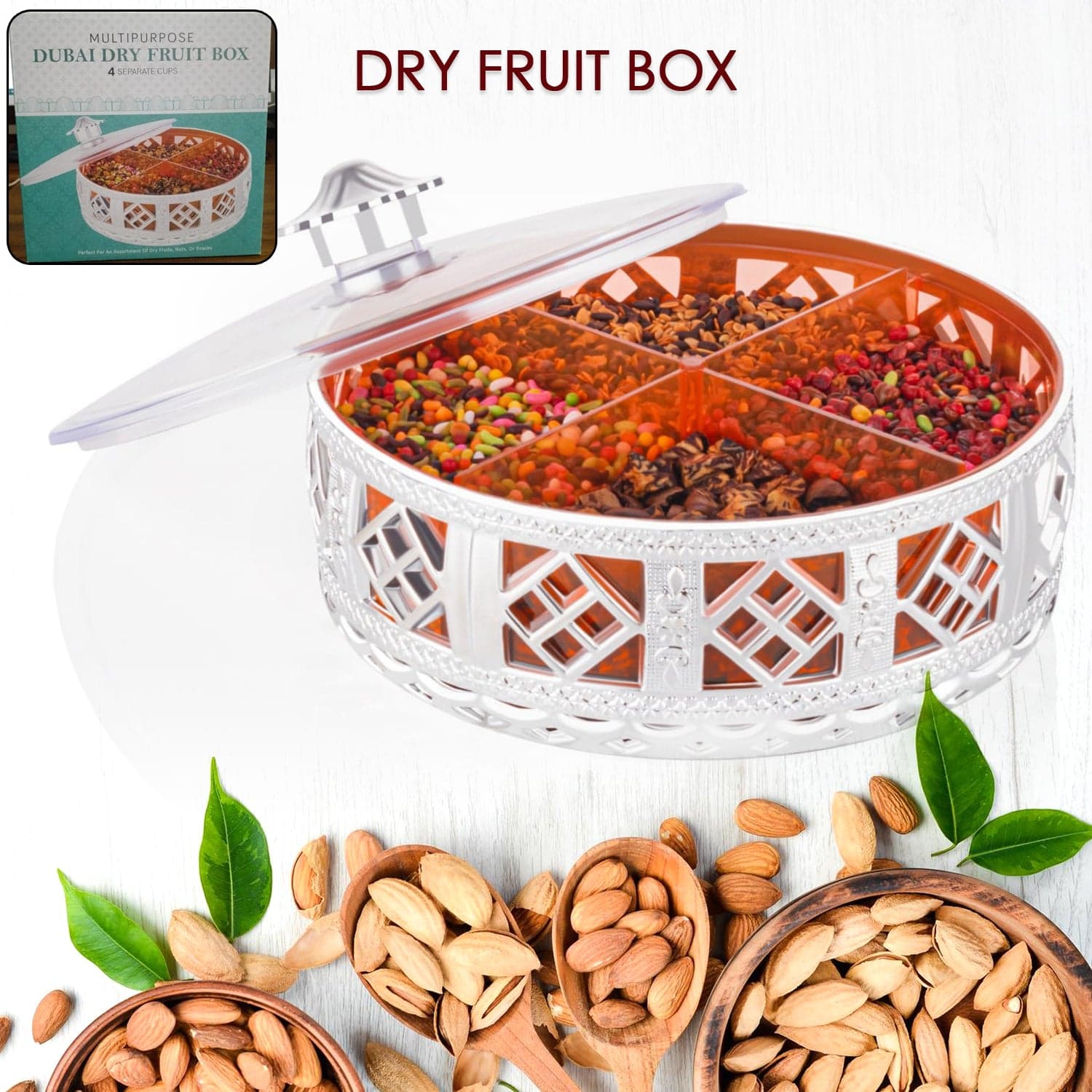 Multipurpose Dry Fruit Box 4 Section Dry Fruit Round Silver Gift Box (1 Pc) thumbnail 4