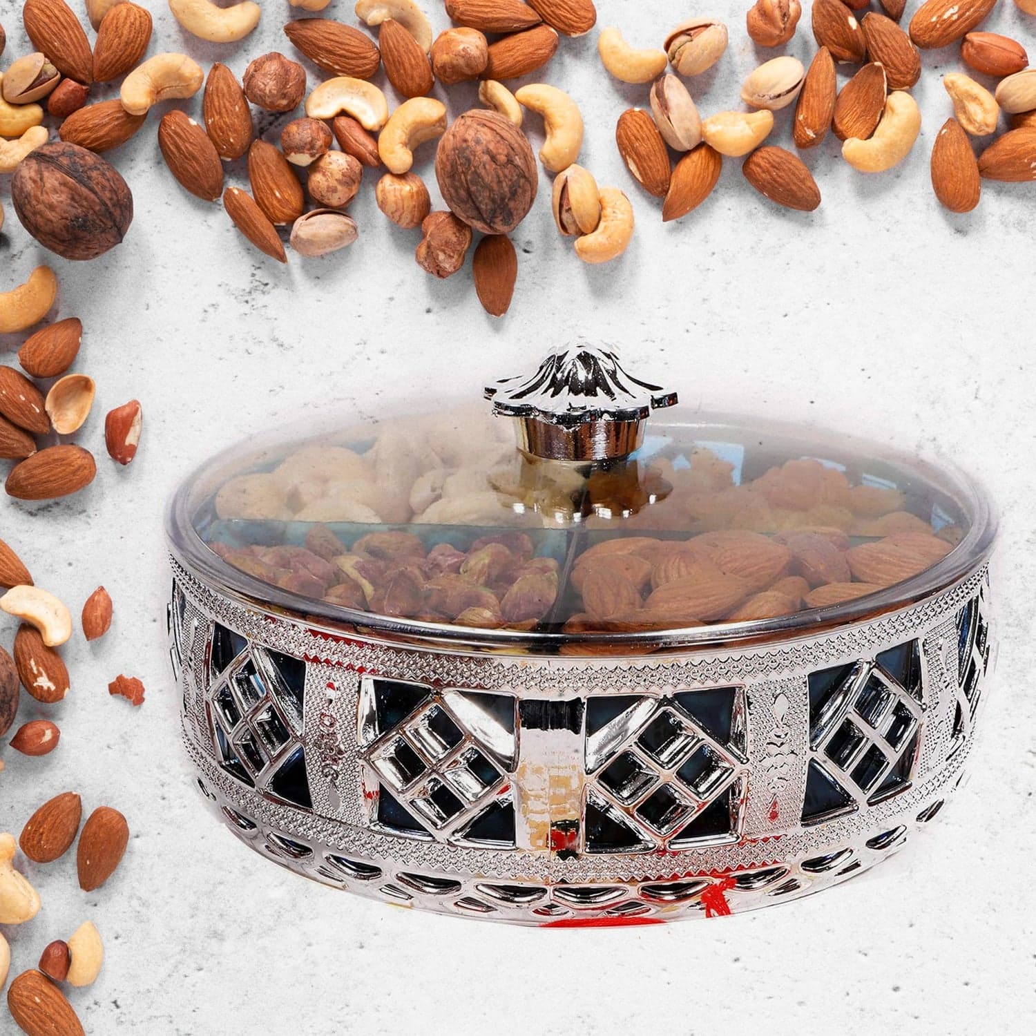 Multipurpose Dry Fruit Box 4 Section Dry Fruit Round Silver Gift Box (1 Pc) thumbnail 6