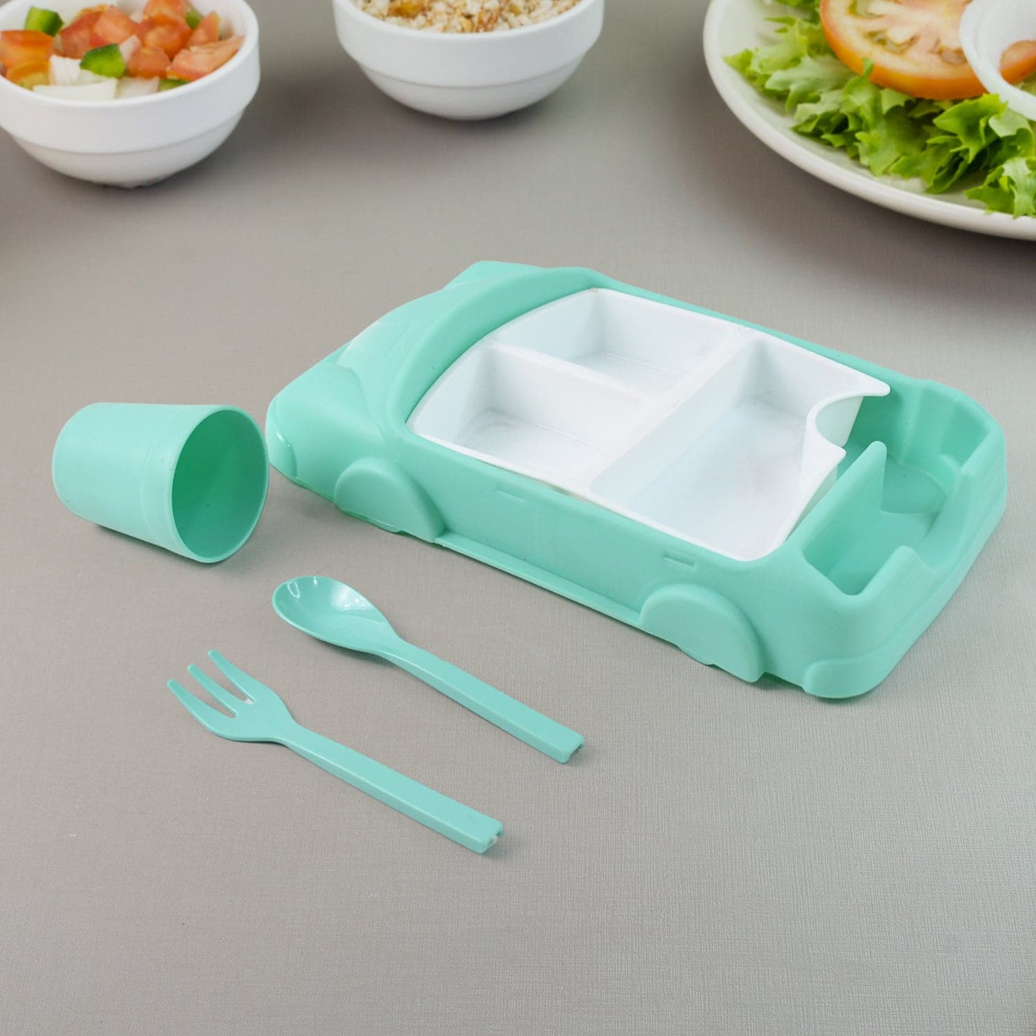 Kid's Car Shaped Plates Cup / Lunch Box Dinnerware Set (4 Pcs Set / 1000 ML Lunch Box) thumbnail 1