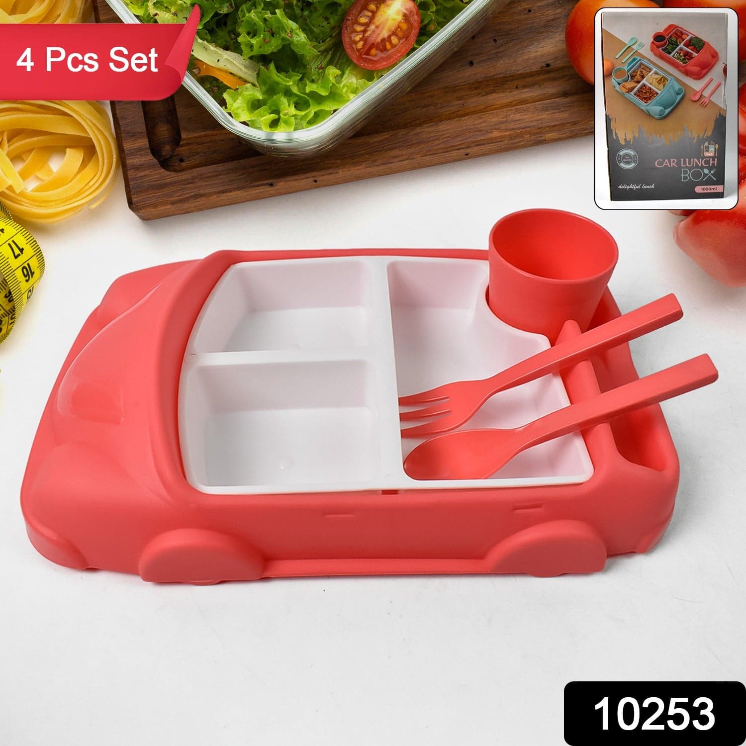 Kid's Car Shaped Plates Cup / Lunch Box Dinnerware Set (4 Pcs Set / 1000 ML Lunch Box) thumbnail 2